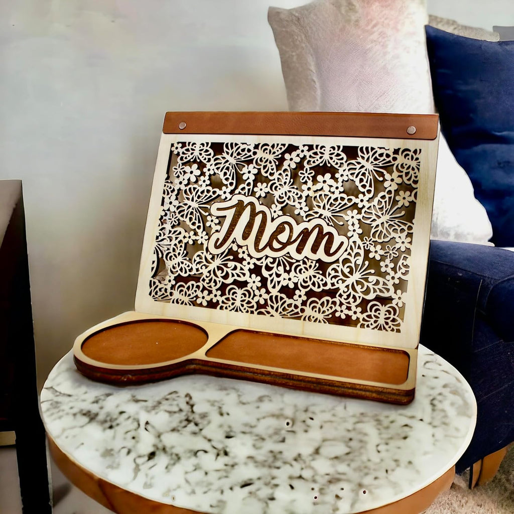 Book Nook Reading Valet Stand for Mom or Grandma, Coffee Cup Mug Glasses Cell Phone Holder, Wood Triangle Book Rest and Page Saver for Bedside Nightstand, Gift Idea for Book Lovers