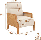 WENTMENT Modern Accent Chair, Armchair with Natural Rattan Armrest, Upholstered Living Room Chair Comfy Single Sofa Chair for Hosting Room/Bedroom,White