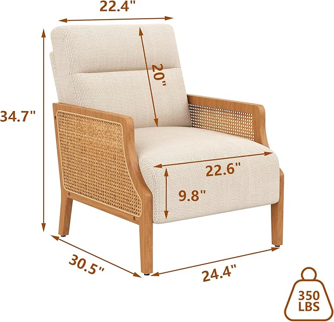 WENTMENT Modern Accent Chair, Armchair with Natural Rattan Armrest, Upholstered Living Room Chair Comfy Single Sofa Chair for Hosting Room/Bedroom,White