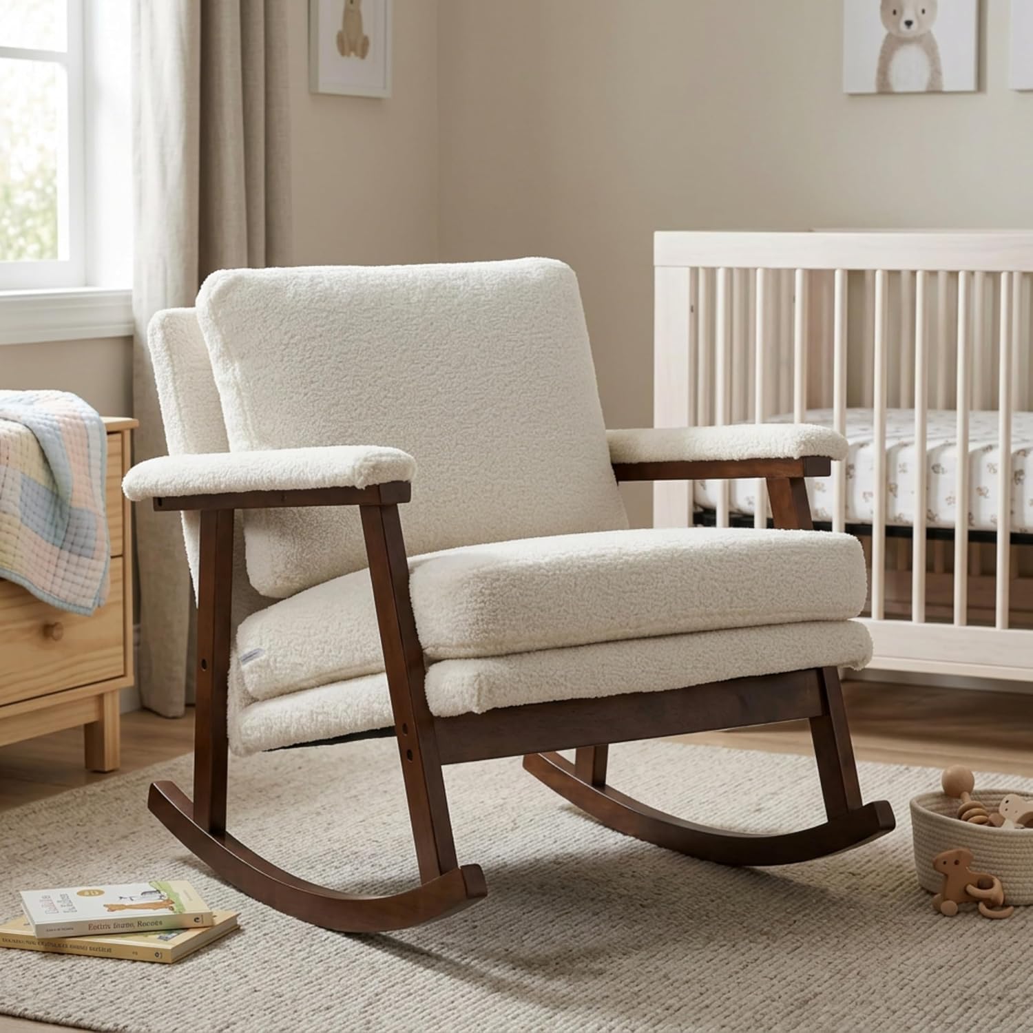 Rocking Chair Nursery, Compact Glider Rocking Chair for Indoor Use, Small Upholstered Rocker Chair for Bedroom Living Room, Teddy Fleece Accent Chair,White