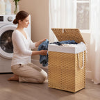 Woven Laundry Basket with Lid, Large Hamper with Removable and Machine-Washable Liner, Foldable Rattan Clothes Hamper, Sturdy Steel Frame, Odor Control, 90L Capacity, Goose Yellow