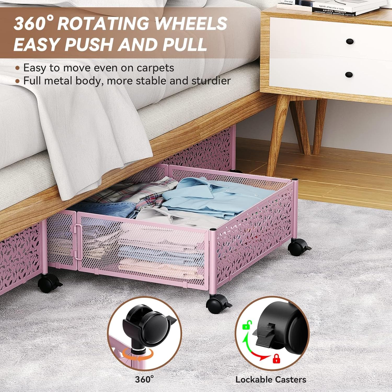 Under the Bed Storage Containers with Wheels, Under Bed Storage, Under Bed Shoe Storage Organizer Drawer, Tool-free Assembly Metal Underbed Storage Containers -Pink