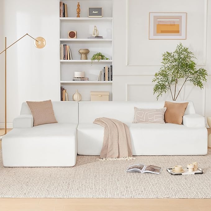 107" Modular Sectional Cloud Couch, Boneless couches Sponge sectionals for Living Room, High Density Sponges Sofa, Modular L-Shape with Chaise, White
