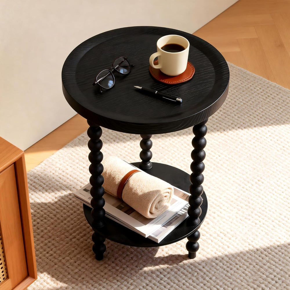 Round 2 Tier Side Table, End Table with Storage Shelf, Modern Nightstand Besi...