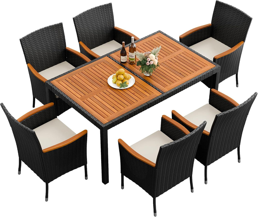 Flamaker Patio Dining Set for 6 Outdoor Acacia Wood Table and Chairs, Black