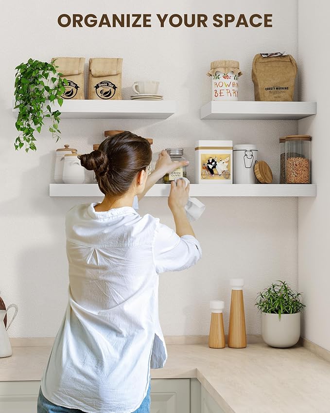Marsmiles 55" Floating Shelves for Wall, Wooden Shelves with Invisible Brackets Set of 2, Rustic Farmhouse Wall Mounted Shelf for Kitchen Bathroom Living Room Study, White