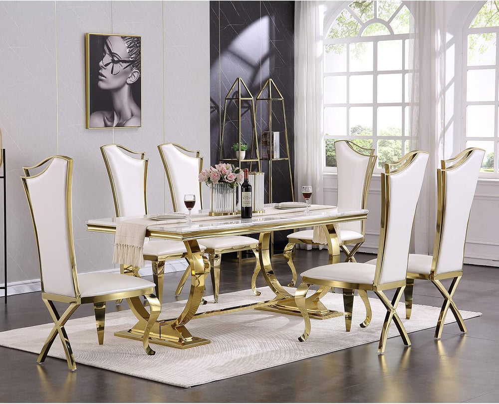 ACEDÉCOR 7 Piece Dining Table Set, Luxury White and Gold Kitchen and Dining R...