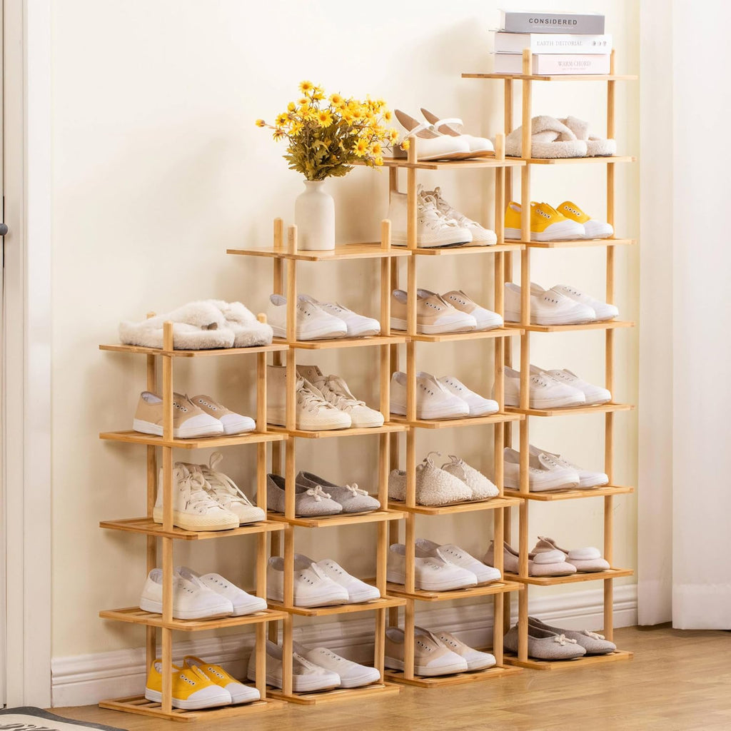 5-Tier Vertical Shoe Rack - Tall Narrow Shoe Rack Organizer for Small Spaces,Bamboo Shoen Shelf for Entryway,Closet,Corner,Doorway,Skinny Shoe Shelf Space Saving Shoe Storage (Natural, 5-Tier)
