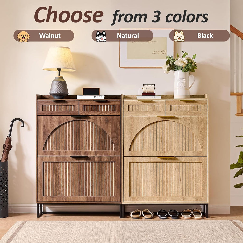 Fluted Shoe Cabinet Storage for Entryway – Narrow Shoe Rack with 2 Flip Drawers & 2 Storage Drawers, Freestanding Hidden Shoe Organizer for Foyer, Hallway (Walnut)