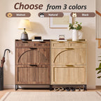 Fluted Shoe Cabinet Storage for Entryway – Narrow Shoe Rack with 2 Flip Drawers & 2 Storage Drawers, Freestanding Hidden Shoe Organizer for Foyer, Hallway (Walnut)