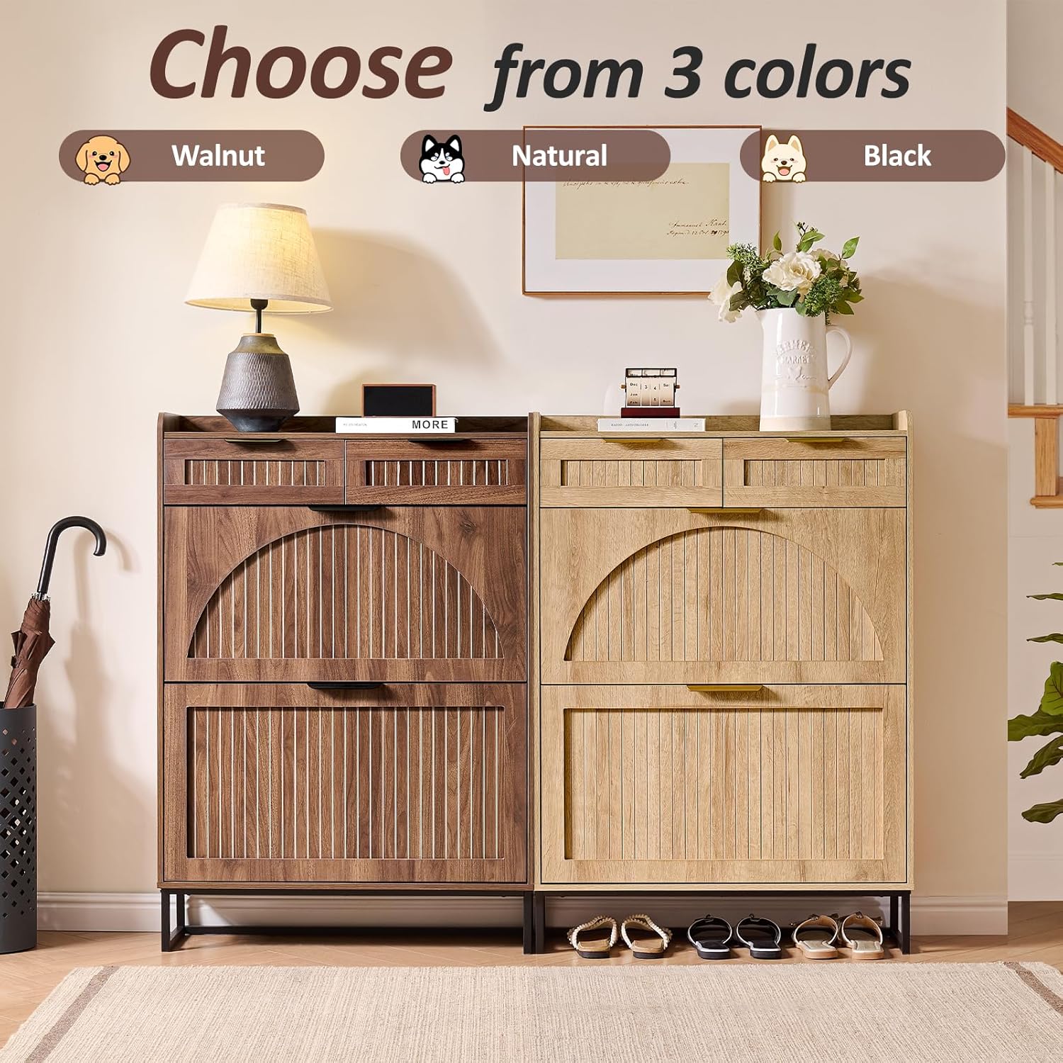 Fluted Shoe Cabinet Storage for Entryway – Narrow Shoe Rack with 2 Flip Drawers & 2 Storage Drawers, Freestanding Hidden Shoe Organizer for Foyer, Hallway (Walnut)