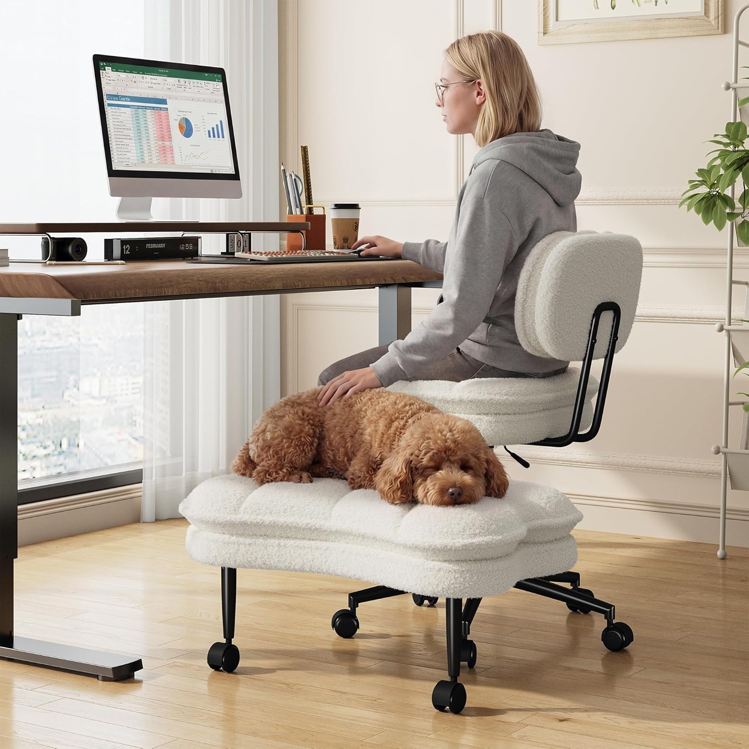 DurayLoly Cross Legged Office Chair, 360 Swivel, Folding Footrest, 5.12" Dual-Layer Plush Cushion, Height Adjustable, 300 lbs Capacity, Lumbar Support, Meditation Kneeling Chair, Off White
