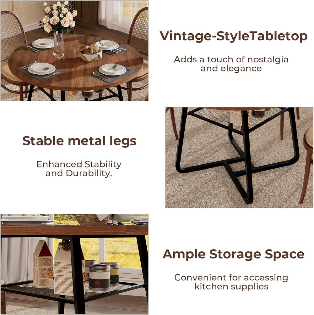 Round Dining Table for 4 People, 43.3 Inches Dining Room Table with Metal Bas...