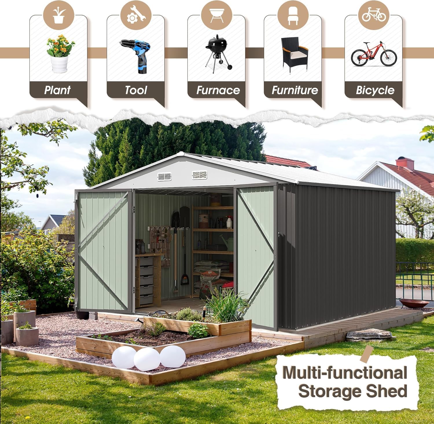 Furniwell 10x8 FT Outdoor Storage Shed, Metal Garden Sheds Outdoor Storage House with Single Lockable Door for Backyard Patio Lawn, Gray