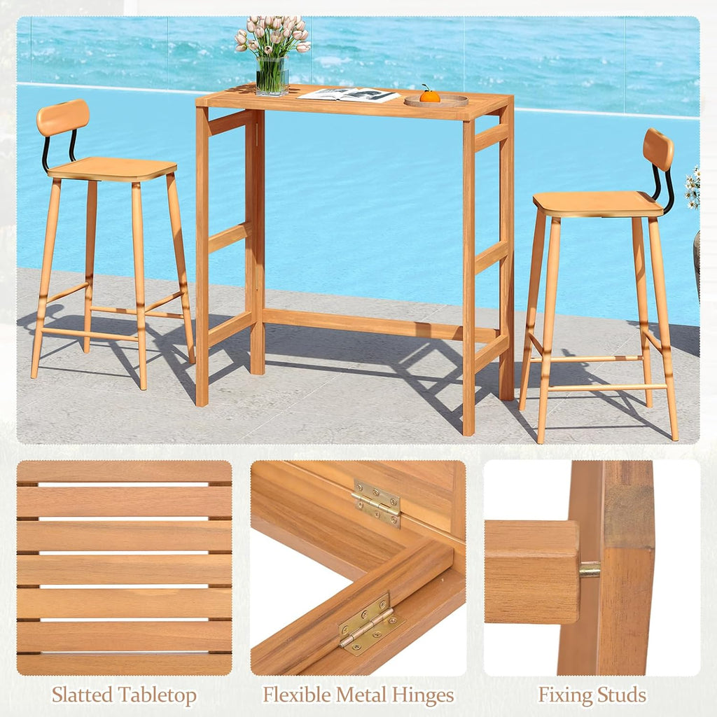 Tangkula Acacia Wood Outdoor Folding Bar Table, Patio Rectangle Counter Height Pub Table with Slatted Tabletop, for Balcony, Backyard Garden and Poolside