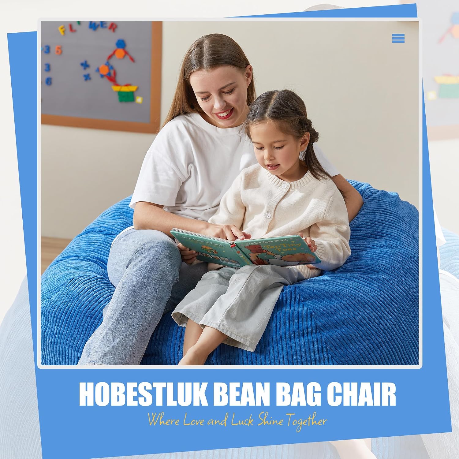 Hobestluk Adult Bean Bag Chair Teardrop Shape with Filling, 3.5FT Blue | Soft Fabric, Corduroy Cover, Removable and Washable, Memory Foam Filler, Portable Handle, Gaming, Relaxing, For Living Room