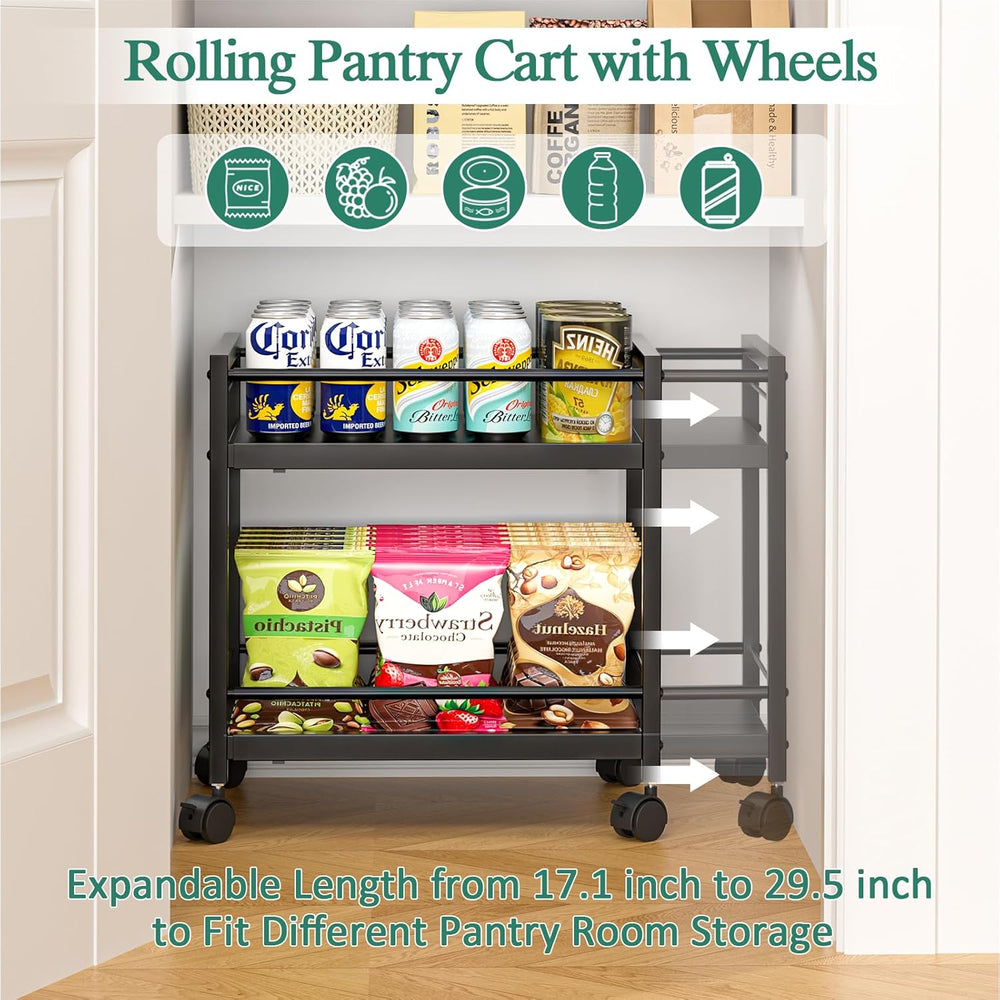 2-Tier Expandable Rolling Pantry Cart with Wheels, Adjustable Floor Organizer...