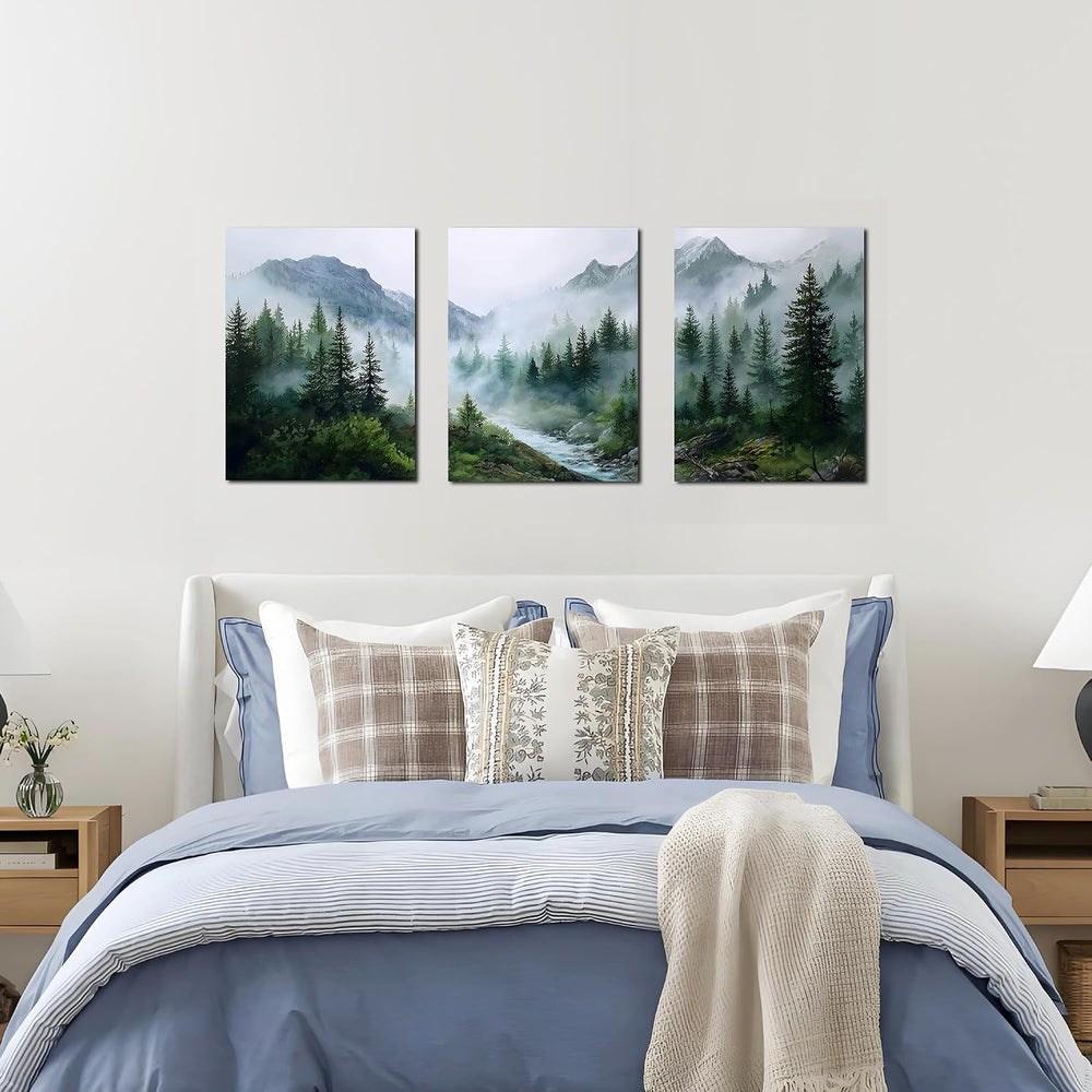 Trogonup Misty Forest Wall Art for Bathroom Green Mountain Landscape Canvas P...