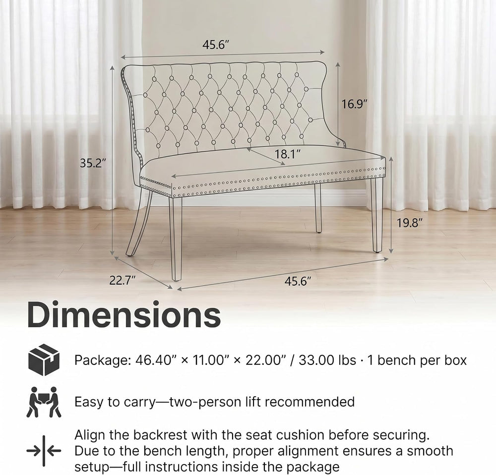 Upholstered Dining Bench with Back, Black, Gold Finish Steel Legs | Tufted Lo...