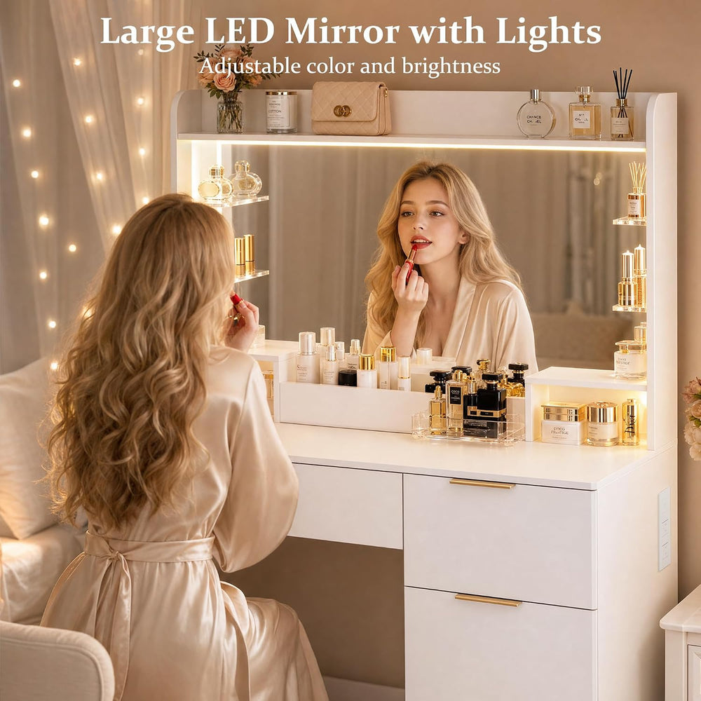 HUAHUU Vanity Desk with Large Mirror, 35.4" Makeup Vanity with LED Light...