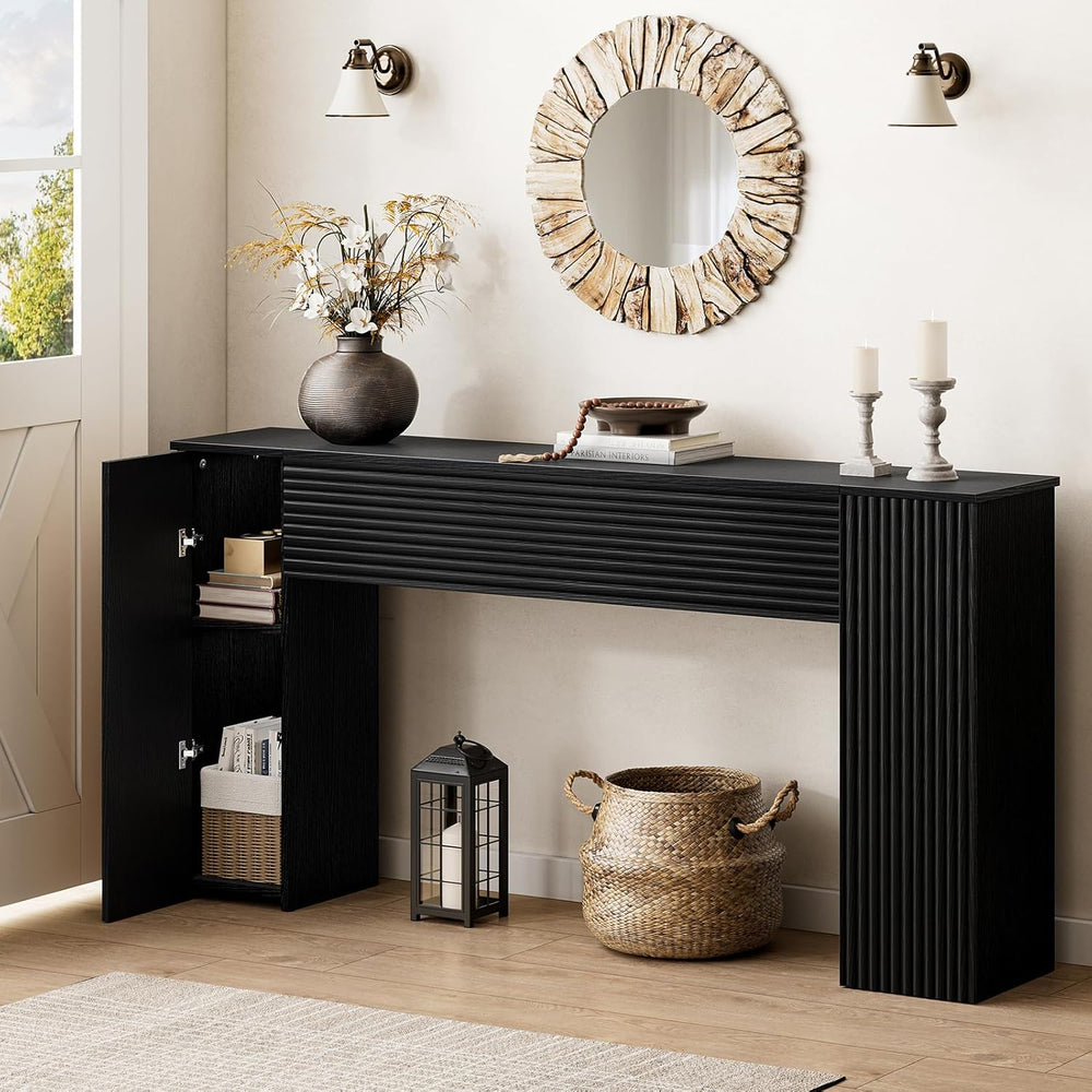 FABATO 61” Fluted Long Console Table with 2 Hidden Storage Cabinets, Black