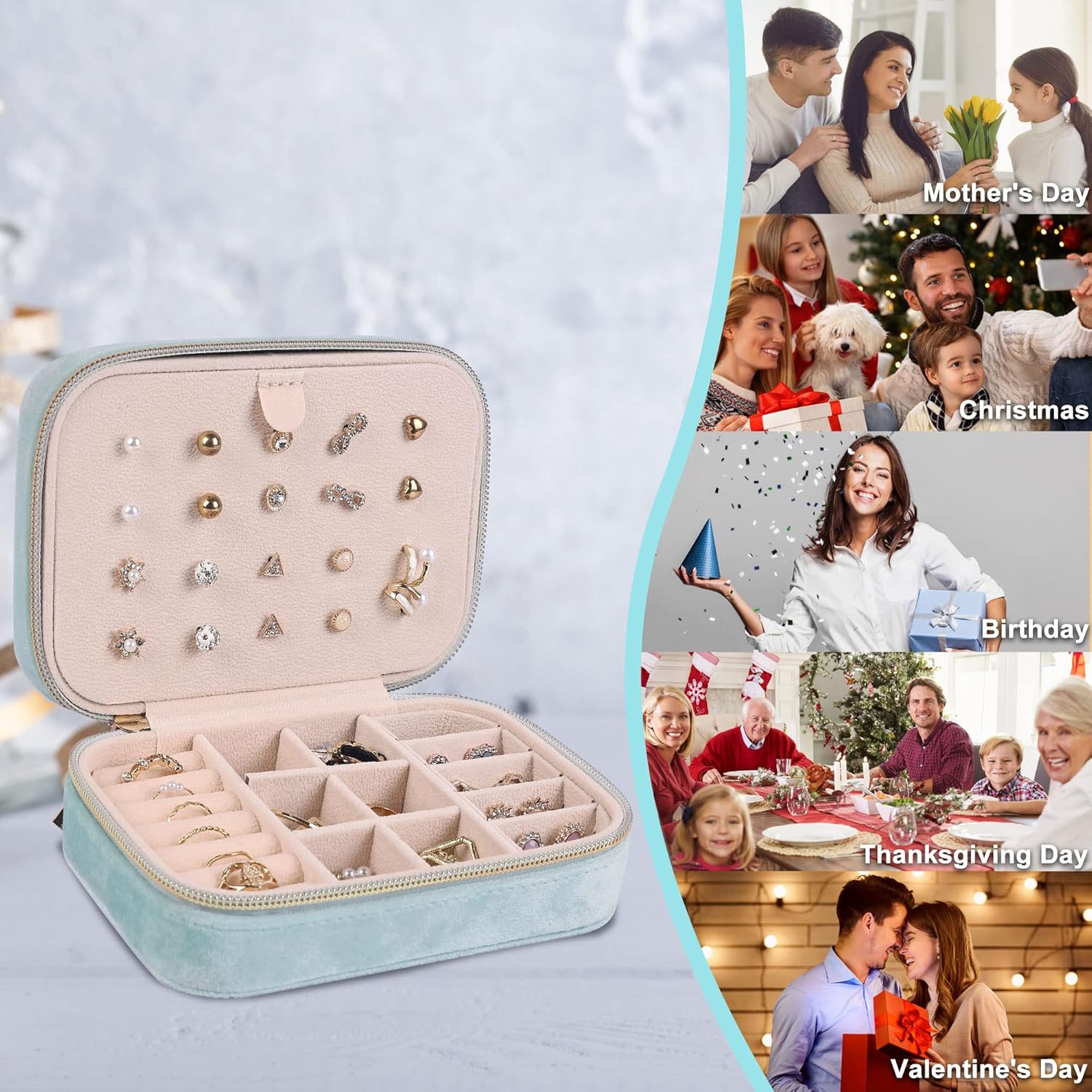 Dajasan Velvet Jewelry Boxes, Mini Travel Jewelry Case, Small Portable Travel Jewelry Organizer Box for Earrings Bracelets Rings Necklace (Cyan Blue)
