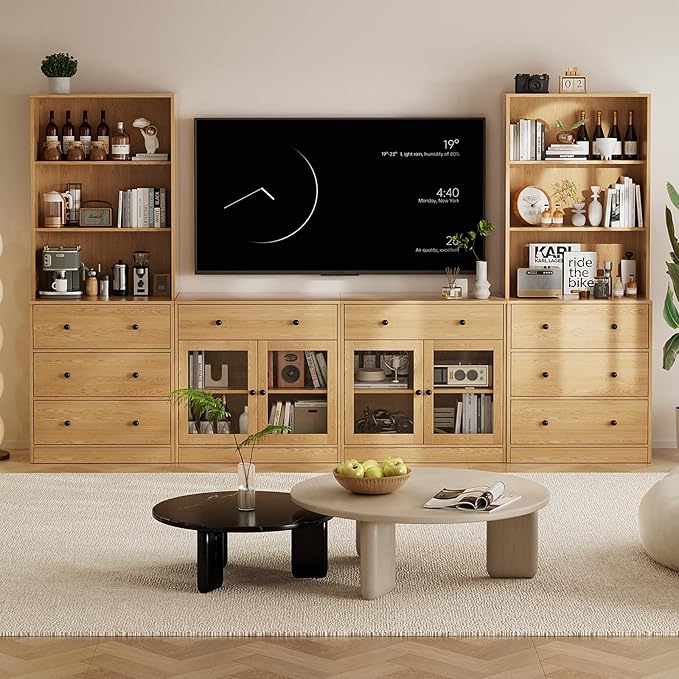 TUSY 71" Large TV Stand Set - TV Entertainment Center for TVs up to 65", Media Center with Tempered Glass Doors and Drawer, TV Hutch with Bookshelves for Living Room (Wood, BFFB)