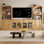 TUSY 71" Large TV Stand Set - TV Entertainment Center for TVs up to 65", Media Center with Tempered Glass Doors and Drawer, TV Hutch with Bookshelves for Living Room (Wood, BFFB)
