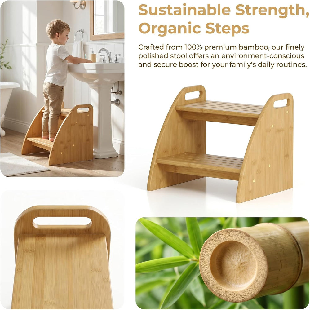 Bamboo 2 Step Stool 300lbs Capacity, Wooden Two Step Stool with Non-Slip Hand...