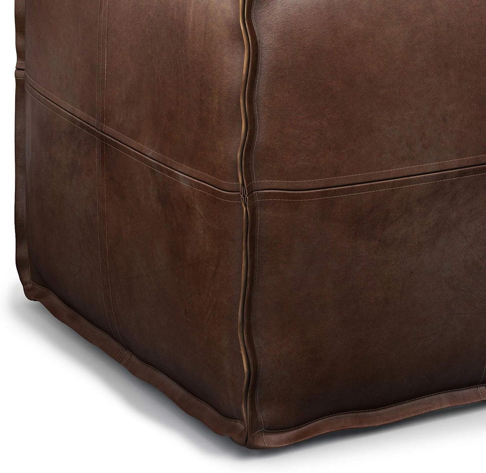 SIMPLIHOME Brody 18" Wide Square Pouf in Distressed Dark Brown Faux Leat...