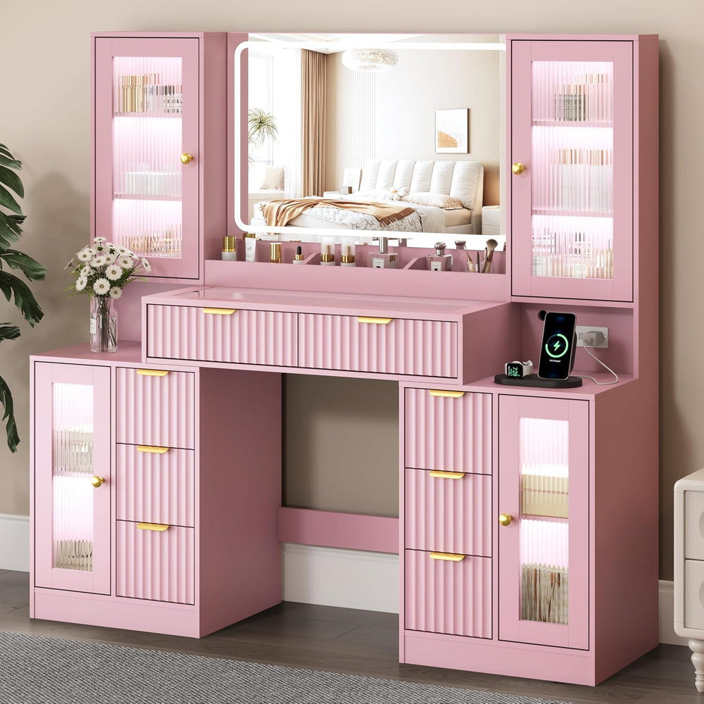 55" Vanity Desk with Mirror & Lights, Fluted Makeup Vanity with 8 Dr...
