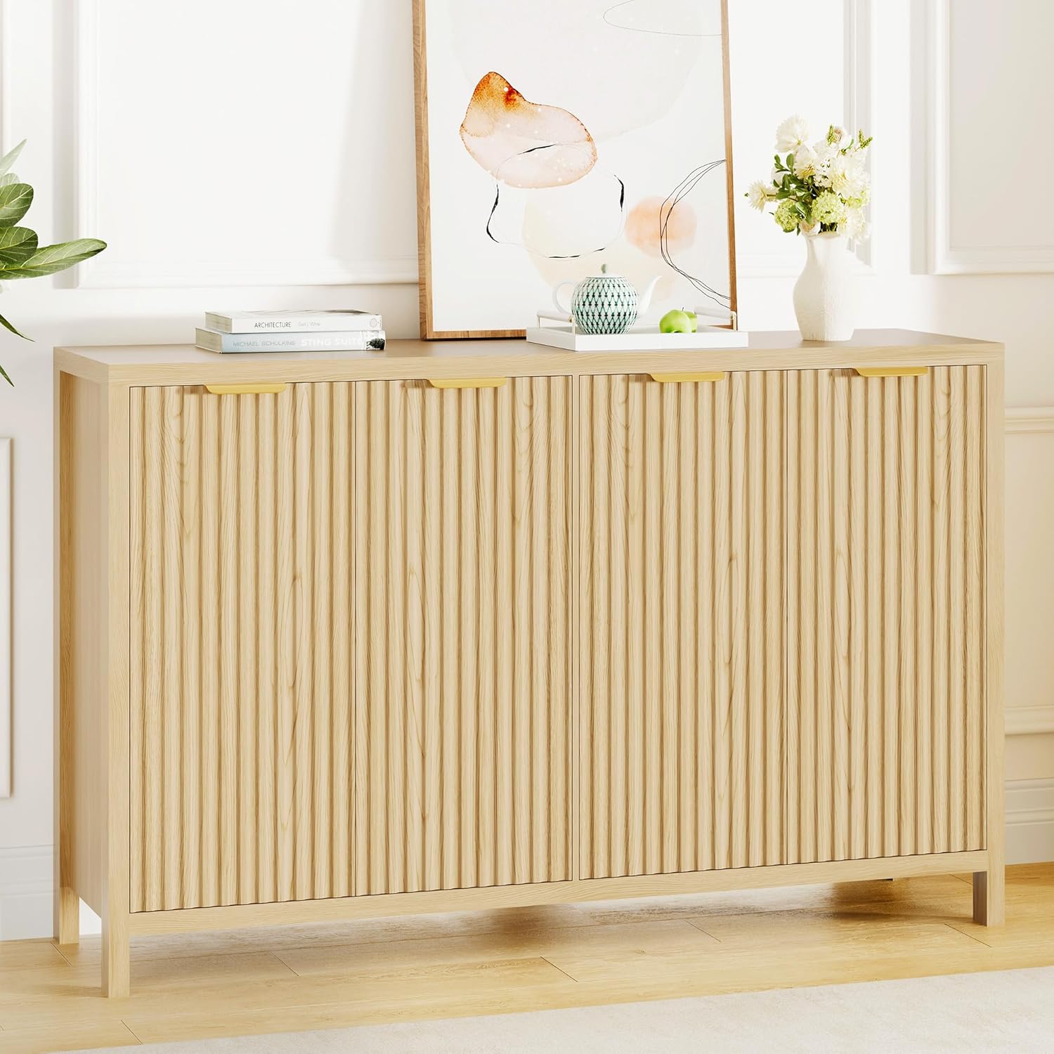 Fluted Buffet Cabinet with Storage, 55" Sideboard Cabinet with 4 Doors, Modern Credenza Accent Console Cabinet Coffee Bar Table for Living Room Dining Room Hallway, Oak