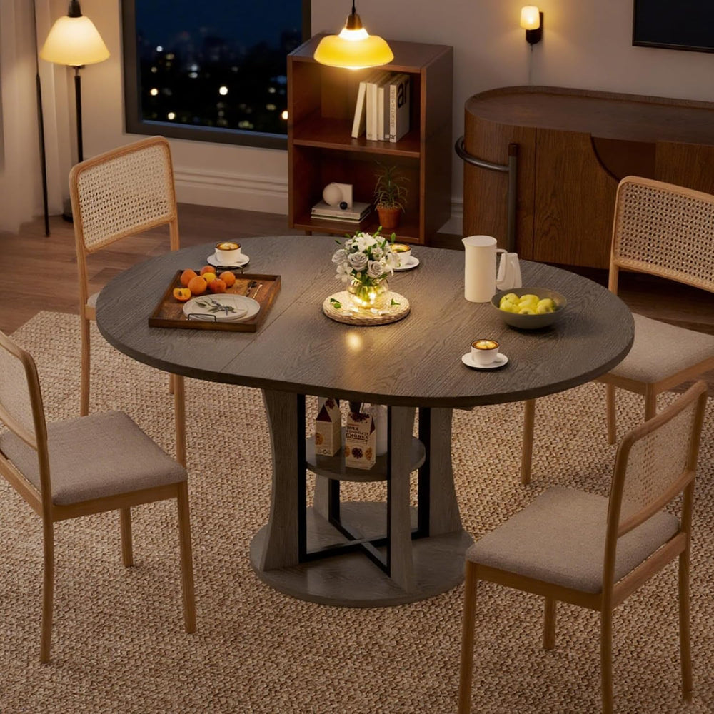 Extendable Round Dining Table for 4-6-8, 43.3-59in Expandable Kitchen Table w...