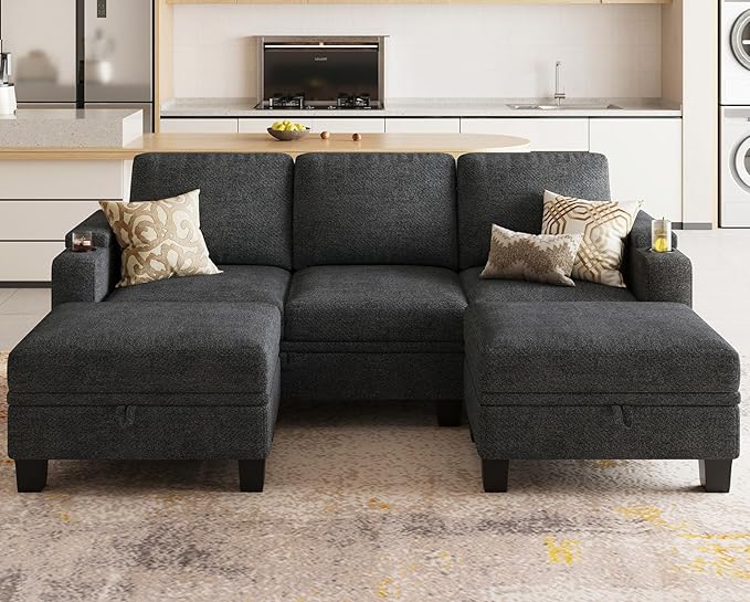 Belffin Small Corner Modular Sectional Couches for Living Room U Shaped Couch with Cup Holder Dark Grey Couch