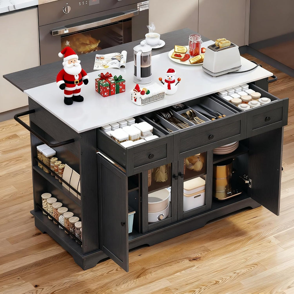 YITAHOME 60 Inch Kitchen Island with Drop Leaf | Mobile Stroage Islands with Stainless Steel Top, Rolling Island Table with Power Outlet, Adjustable Shelves, Spice Rack