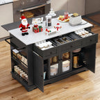 YITAHOME 60 Inch Kitchen Island with Drop Leaf | Mobile Stroage Islands with Stainless Steel Top, Rolling Island Table with Power Outlet, Adjustable Shelves, Spice Rack