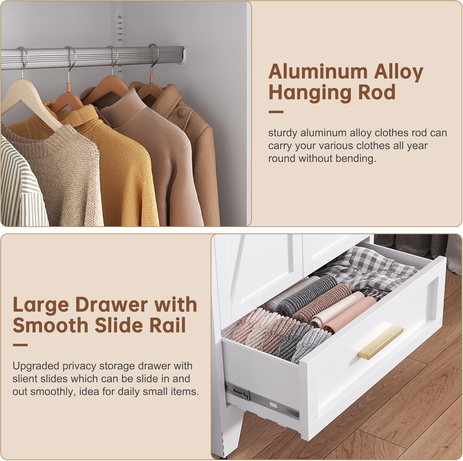 71" Tall Metal Wardrobe Cabinet with Drawer and Hanging Rod, 2 Doors Armoire Wardrobe Closet with Shelf for Bedroom, Office, Laundry Room, White