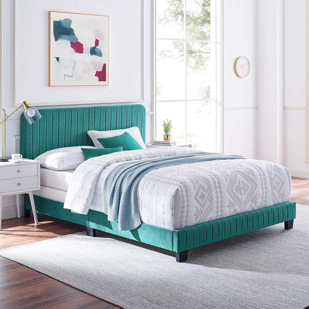 Tufted Platform Bed Frame, King Size, Velvet, Teal Blue, Modern Contemporary,...