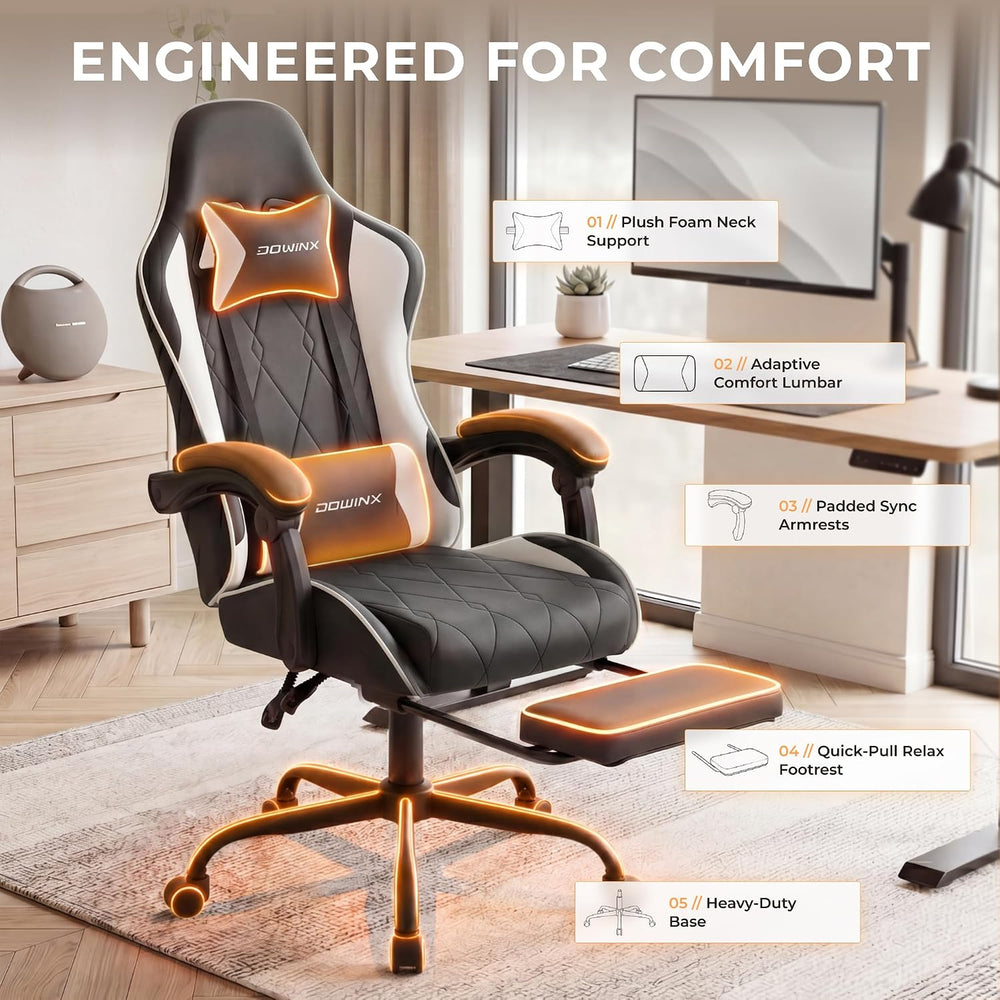 Dowinx Gaming Chair with Footrest, Ergonomic Office Chair, Black White | PU l...