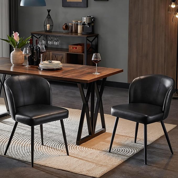 Dining Chairs Set of 2, Upholstered Kitchen Chairs with Faux Leather Cushion Seat and Metal Legs, Mid Century Modern Dining Room Chair for Kitchen, Living Room, Easy Assembly, Black