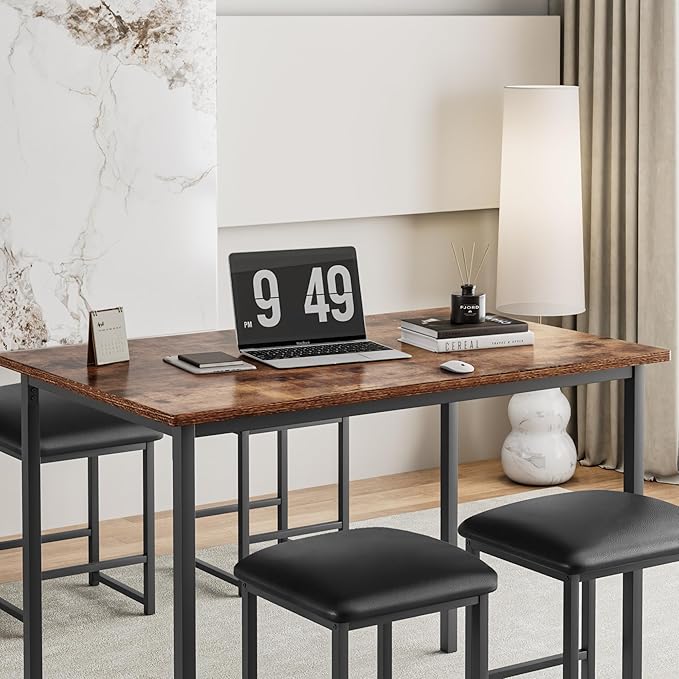 VECELO Kitchen Table and Chairs for 4, Dining Room Set with PU Chairs/Stools, Heavy-Duty Metal Frame, Wooden Tabletop, Space-Saving Design for Small Spaces, Easy Assembly, Classic Brown