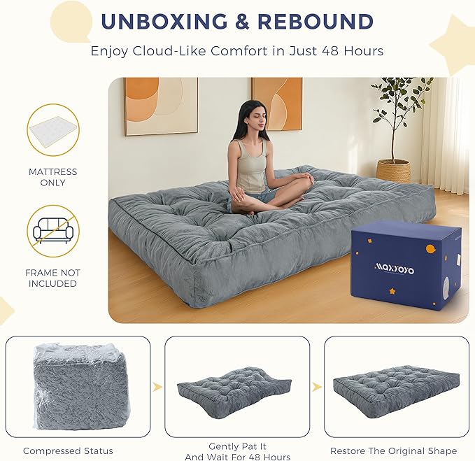 MAXYOYO 8" Futon Mattress Queen Size, Extra Thick Futons Sofa Couch Bed, Velvet Floor Mattress, Shredded Foam Filling (Frame Not Included),Dark Grey