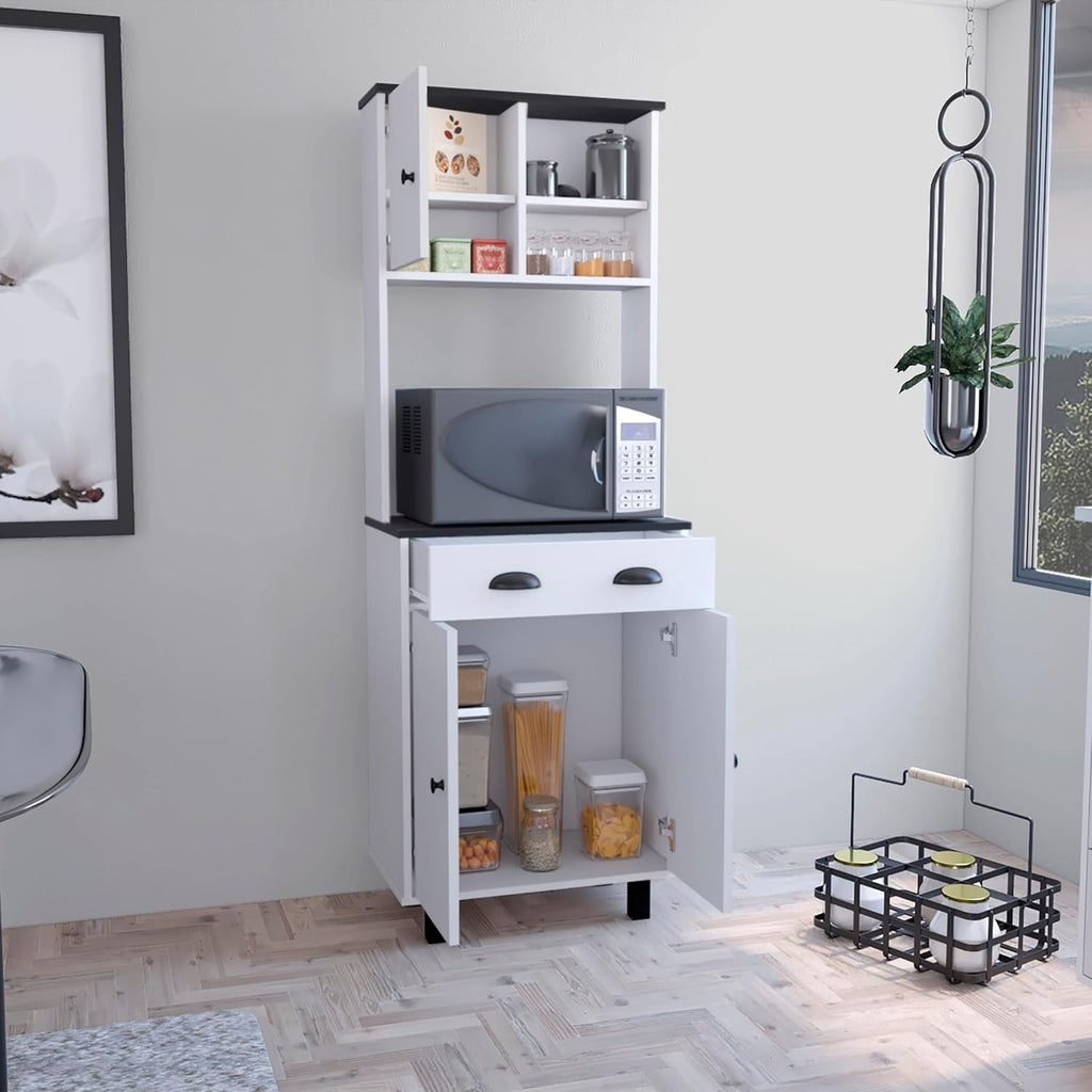 23.6"D*13.7"W*90"H Freestanding Storage Cabinet with Drawer & 2 Open Shelves, Top Single Door & Lower Double Door, Black Legs, Rectangular Kitchen Pantry, for Living Room, Dining Room, White