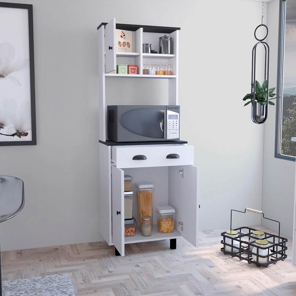 Modern Kitchen Pantry, Storage Cabinet with 2 Open Shelves and Drawer, Engine...