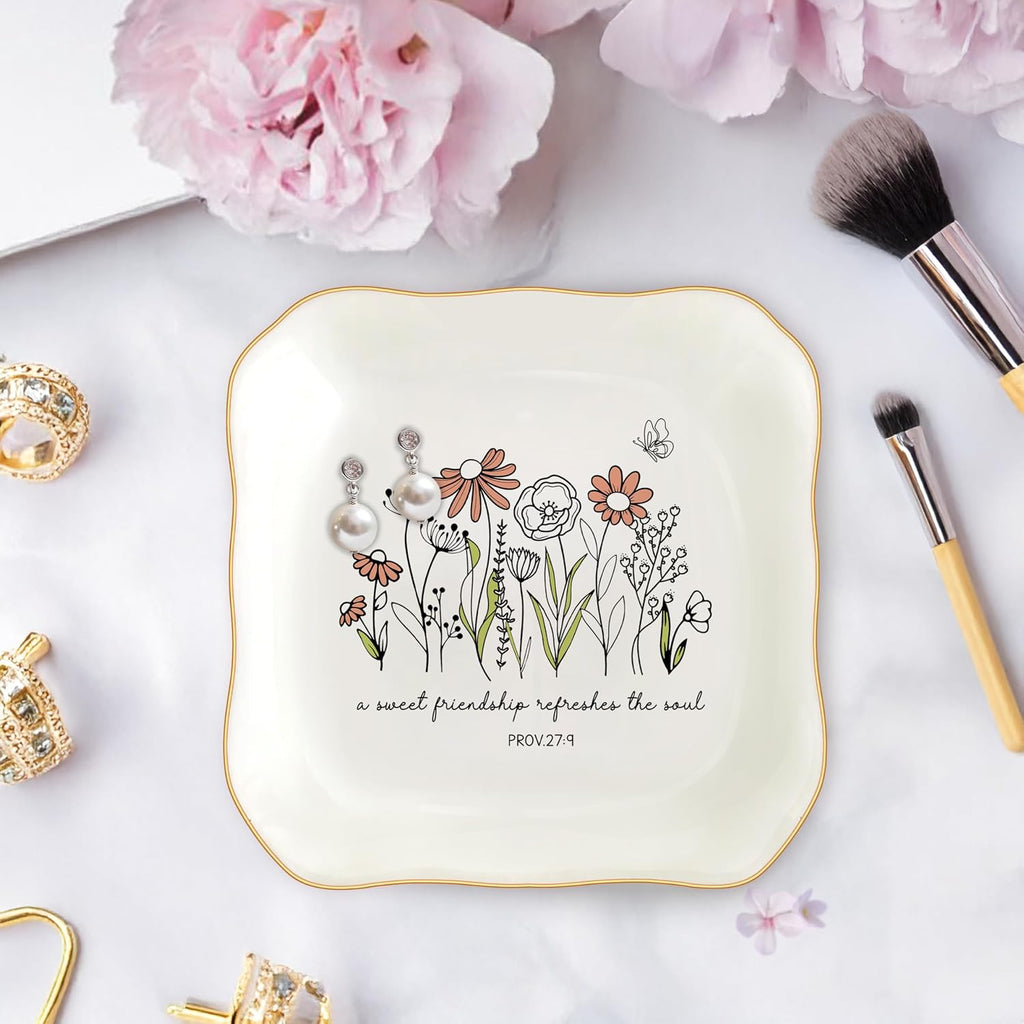 Christian Bible Verse Jewelry Dish Trinket Tray Gifts- Inspirational Ceramic Ring Jewelry Tray Gifts for Women-A Sweet Friendship Refreshes the Soul-Proverbs 27:9 (Inspirational)