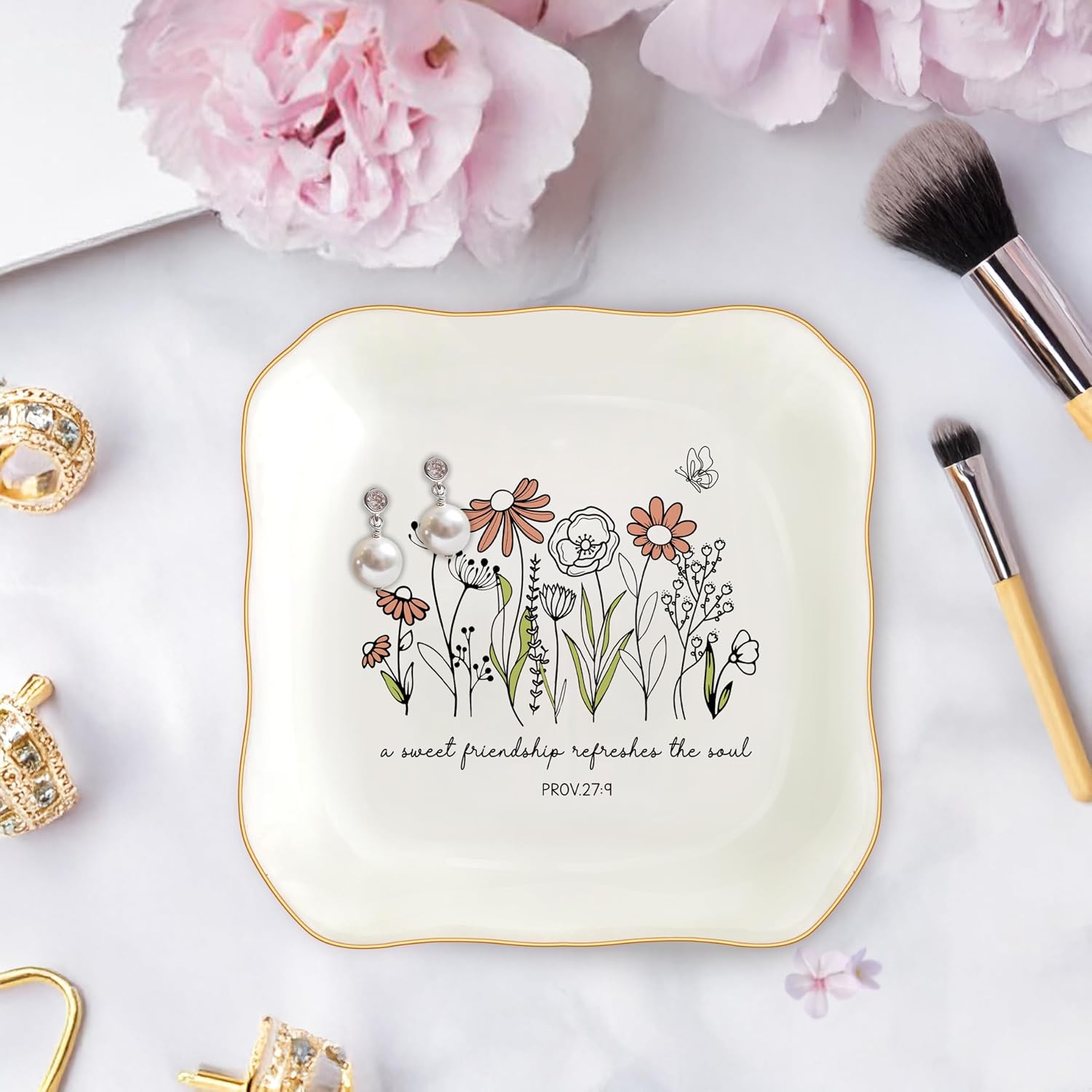 Christian Bible Verse Jewelry Dish Trinket Tray Gifts- Inspirational Ceramic Ring Jewelry Tray Gifts for Women-A Sweet Friendship Refreshes the Soul-Proverbs 27:9 (Inspirational)