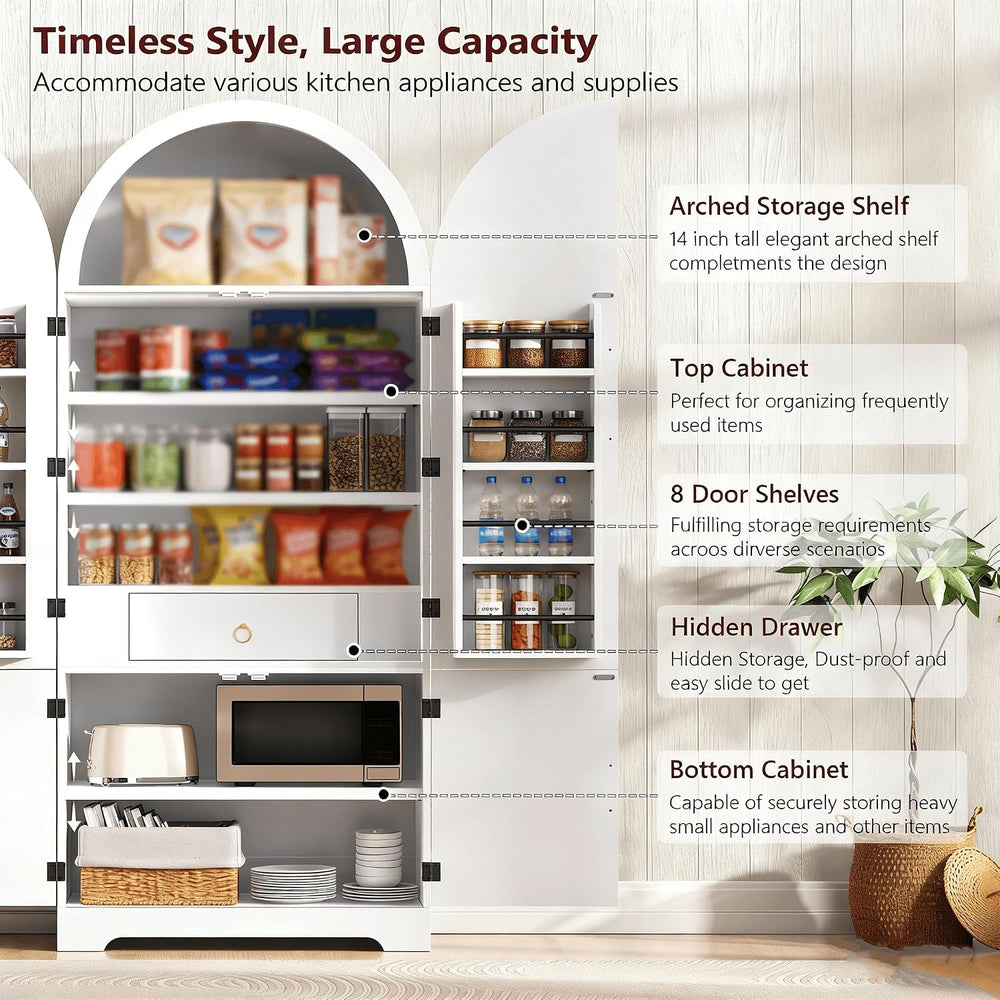 72" Tall Arched Kitchen Pantry Cabinet, Fluted Freestanding Storage Cupb...