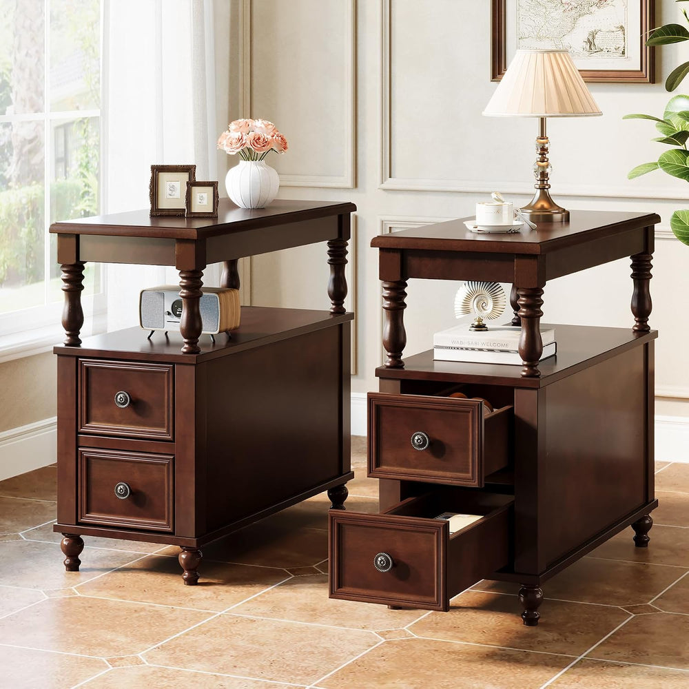 Tribesigns Wood End Table with 2 Drawers, Mid-Century Wooden Slim Side Table ...