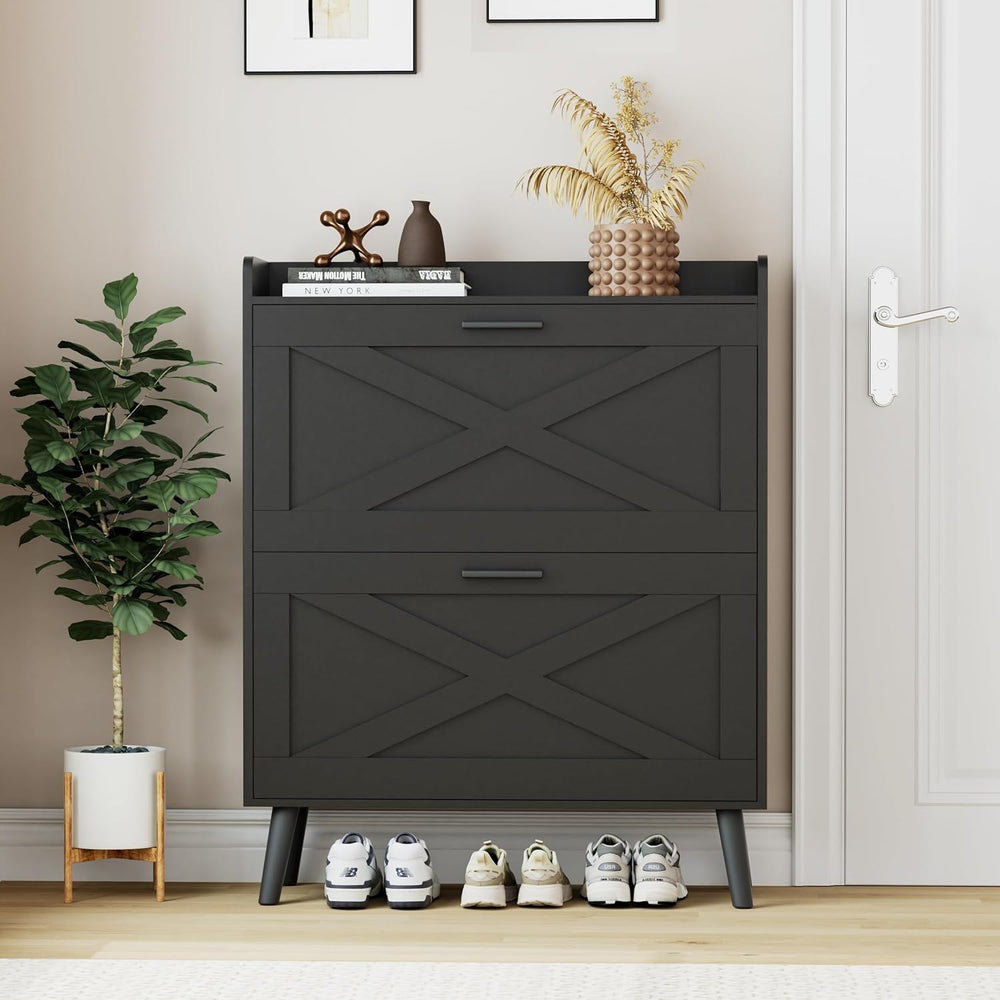 Homleke Farmhouse Shoe Storage Cabinet with Flip Drawers & Barn Door Desi...