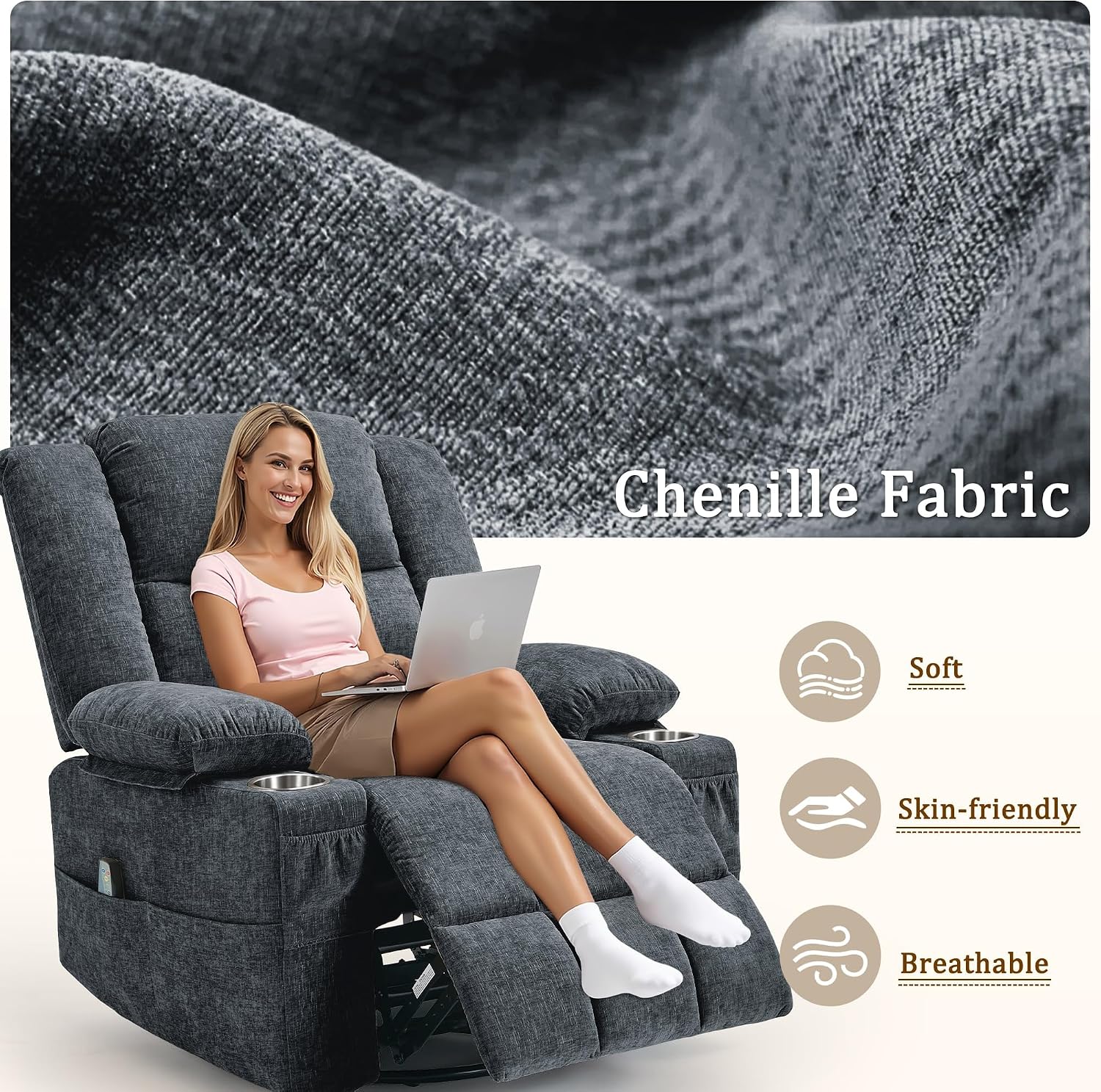 Korser 360° Swivel Rocker Recliner for Adults, Nursery Glider Recliner with Massage and Heating, Rocking Chair with Cup Holder, Manual Recliner Chair for Living Room, Bedroom (Fabric, Dark Gray)